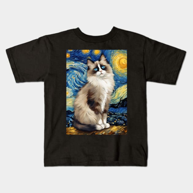 Adorable Ragdoll Cat Breed Painting in a Van Gogh Starry Night Art Style Kids T-Shirt by Art-Jiyuu